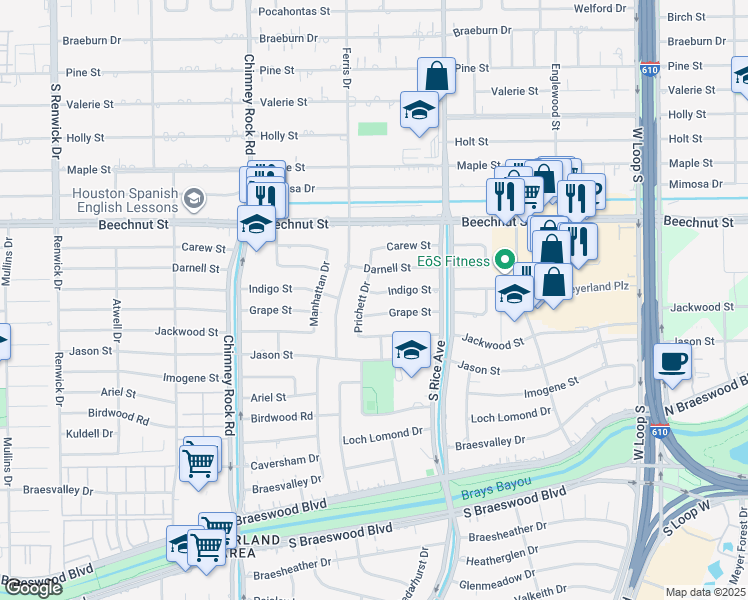 map of restaurants, bars, coffee shops, grocery stores, and more near 5146 Indigo Street in Houston