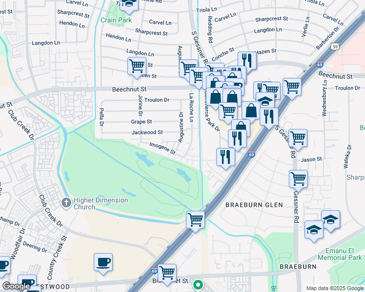 map of restaurants, bars, coffee shops, grocery stores, and more near 8324 La Roche Lane in Houston