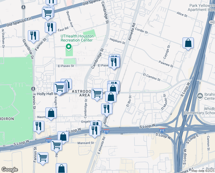 map of restaurants, bars, coffee shops, grocery stores, and more near 2120 El Paseo Street in Houston