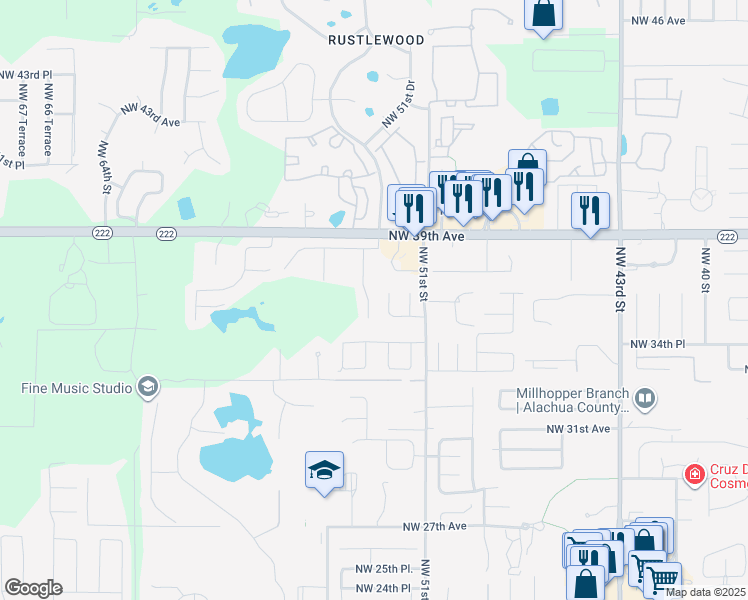 map of restaurants, bars, coffee shops, grocery stores, and more near 3603 Northwest 53 Terrace in Gainesville