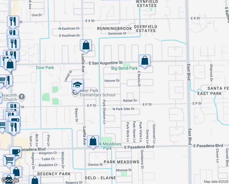 map of restaurants, bars, coffee shops, grocery stores, and more near 1502 Coolidge Drive in Deer Park
