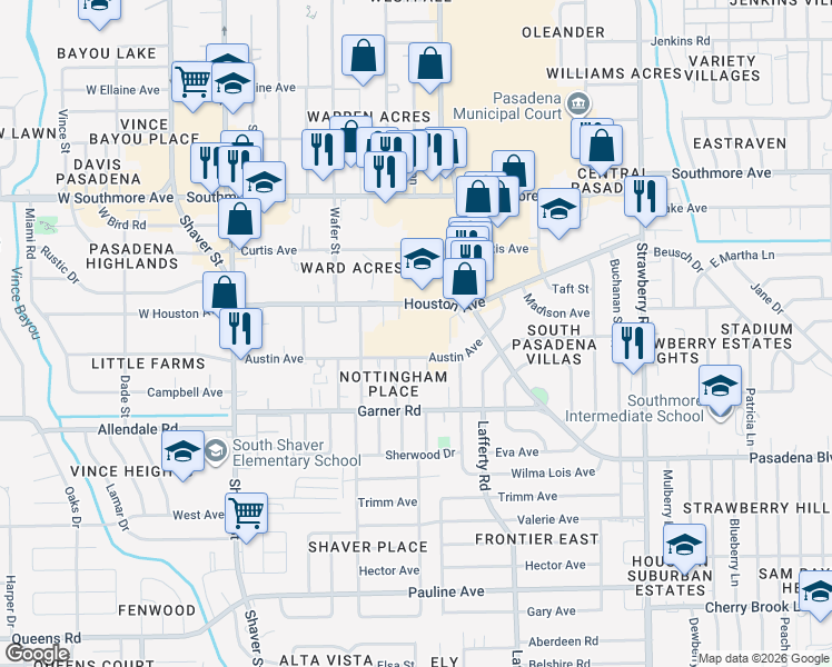 map of restaurants, bars, coffee shops, grocery stores, and more near 902 Houston Avenue in Pasadena