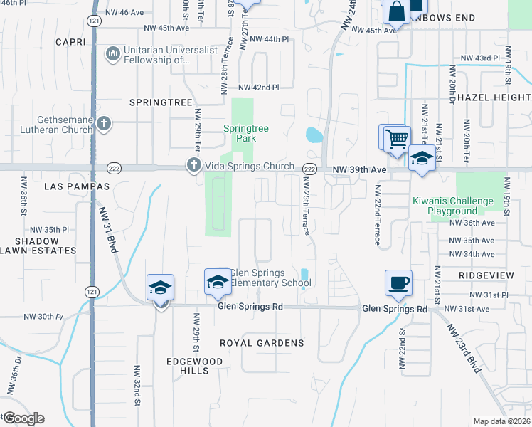 map of restaurants, bars, coffee shops, grocery stores, and more near 2636 Northwest 36th Place in Gainesville