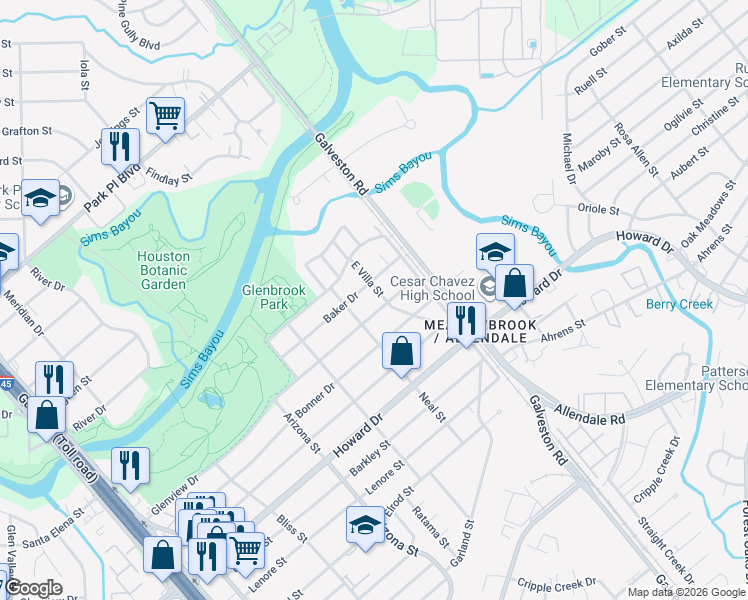 map of restaurants, bars, coffee shops, grocery stores, and more near 8425 Glenview Drive in Houston