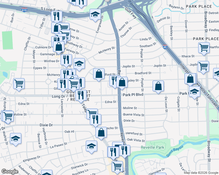 map of restaurants, bars, coffee shops, grocery stores, and more near 7525 Park Place Boulevard in Houston