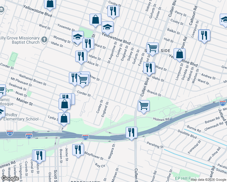 map of restaurants, bars, coffee shops, grocery stores, and more near 7108 England Street in Houston