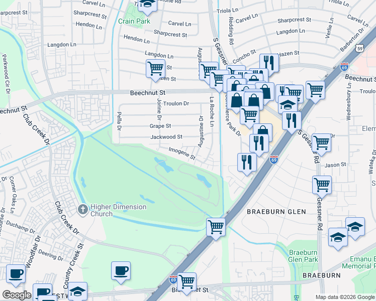 map of restaurants, bars, coffee shops, grocery stores, and more near 9102 Imogene Street in Houston