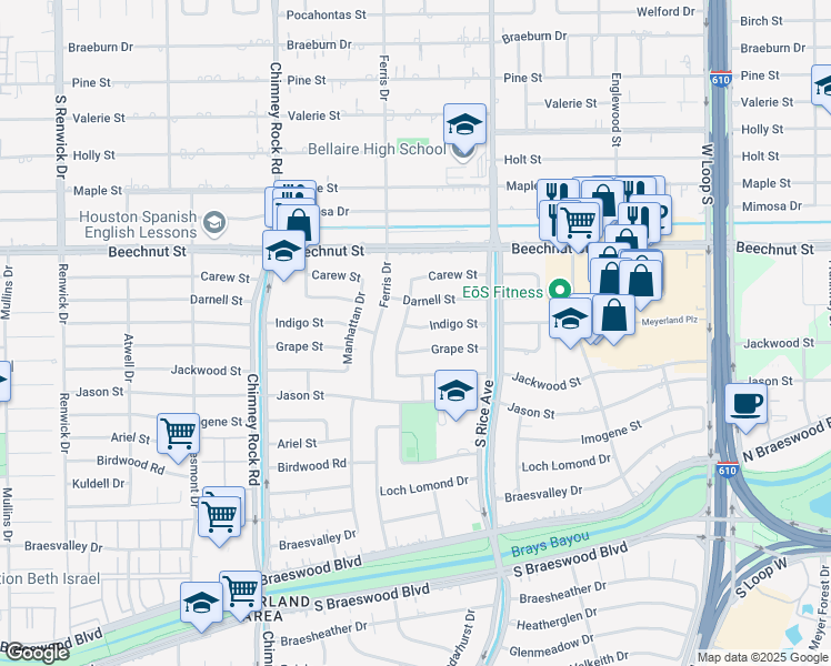 map of restaurants, bars, coffee shops, grocery stores, and more near 5147 Indigo Street in Houston