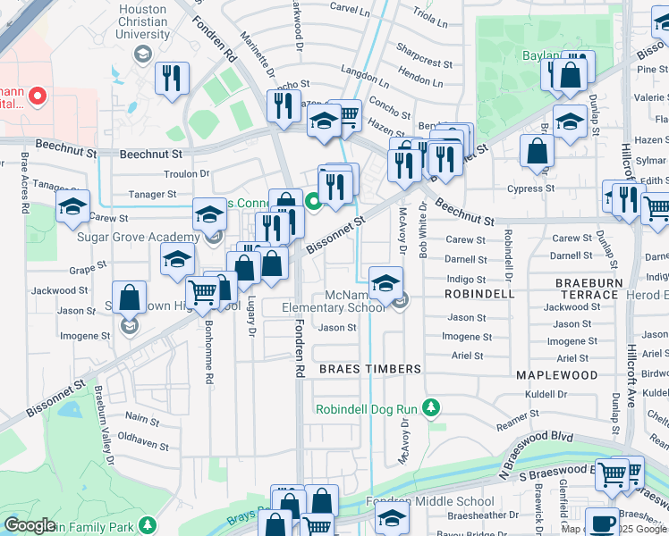 map of restaurants, bars, coffee shops, grocery stores, and more near 8555 Larkwood Drive in Houston
