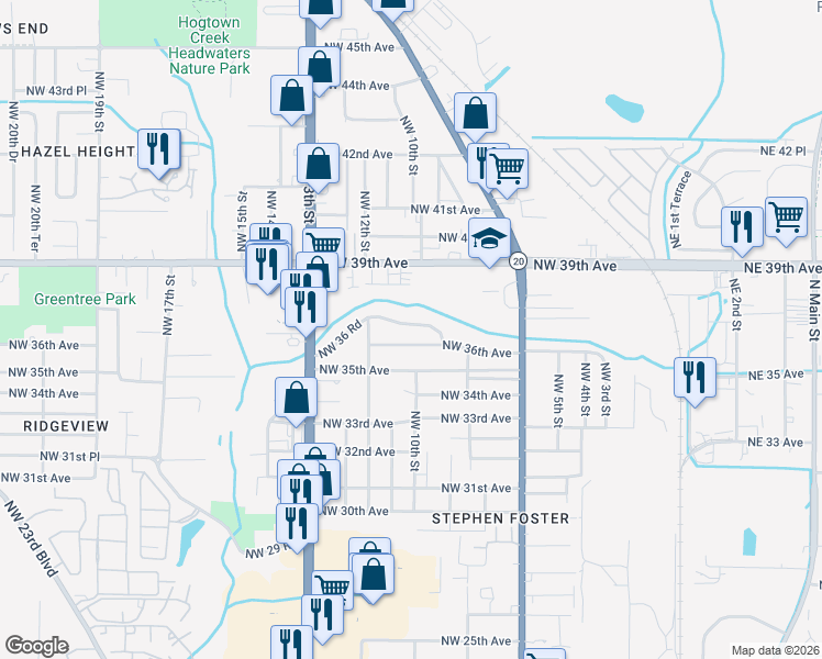 map of restaurants, bars, coffee shops, grocery stores, and more near 930-1010 Northwest 36 Road in Gainesville