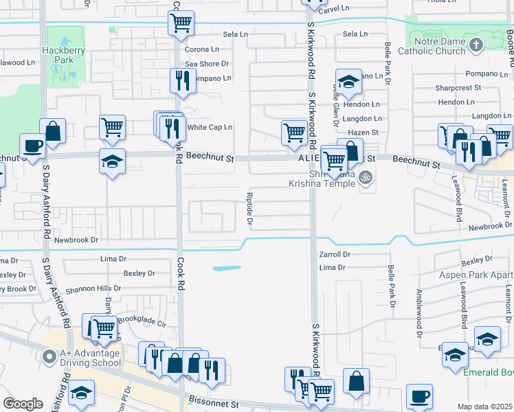 map of restaurants, bars, coffee shops, grocery stores, and more near 12022 Barrett Brae Drive in Houston