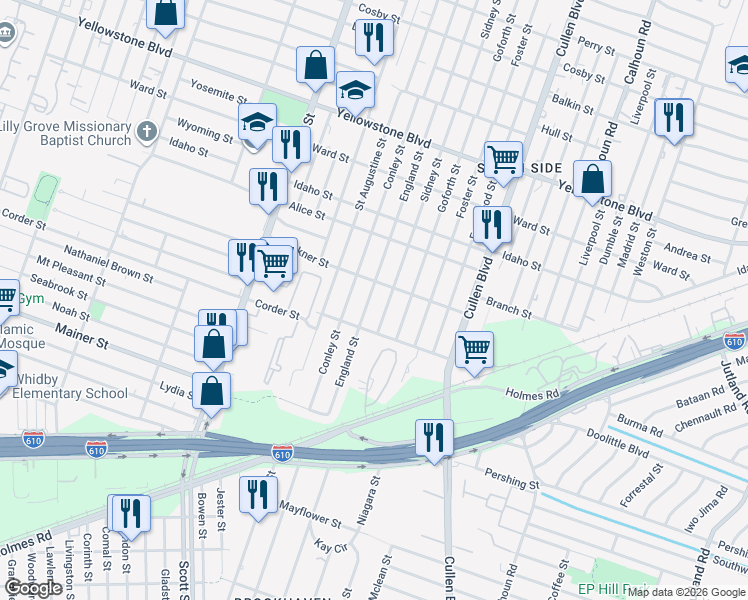 map of restaurants, bars, coffee shops, grocery stores, and more near 7108 England Street in Houston