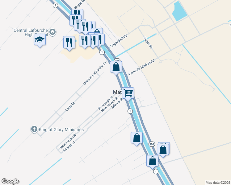 map of restaurants, bars, coffee shops, grocery stores, and more near in Mathews