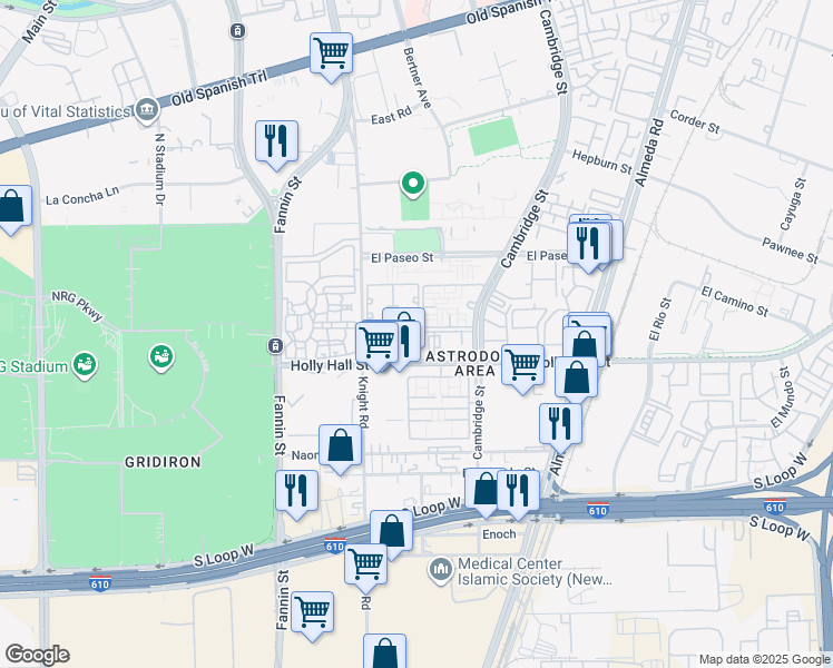 map of restaurants, bars, coffee shops, grocery stores, and more near 2111 Holly Hall Street in Houston