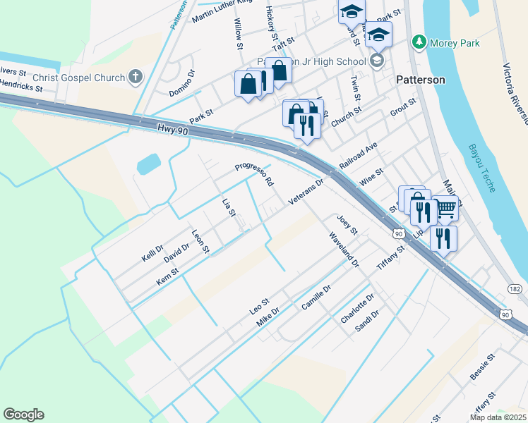 map of restaurants, bars, coffee shops, grocery stores, and more near 326-404 Veterans Dr in Patterson