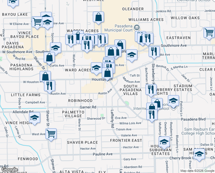 map of restaurants, bars, coffee shops, grocery stores, and more near 1706 Pasadena Boulevard in Pasadena