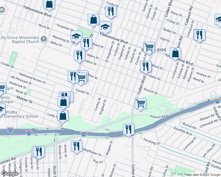 map of restaurants, bars, coffee shops, grocery stores, and more near 7108 England Street in Houston