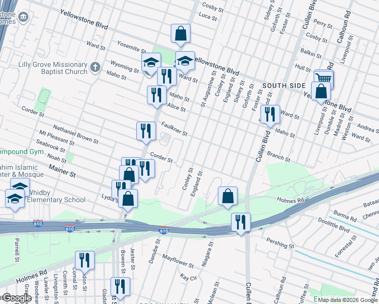 map of restaurants, bars, coffee shops, grocery stores, and more near 7126 Saint Augustine Street in Houston