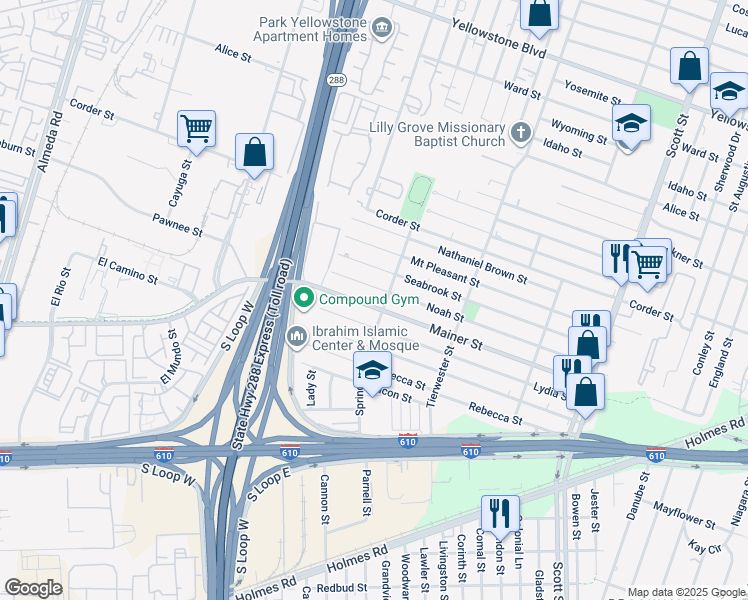 map of restaurants, bars, coffee shops, grocery stores, and more near 7505 Springhill Street in Houston