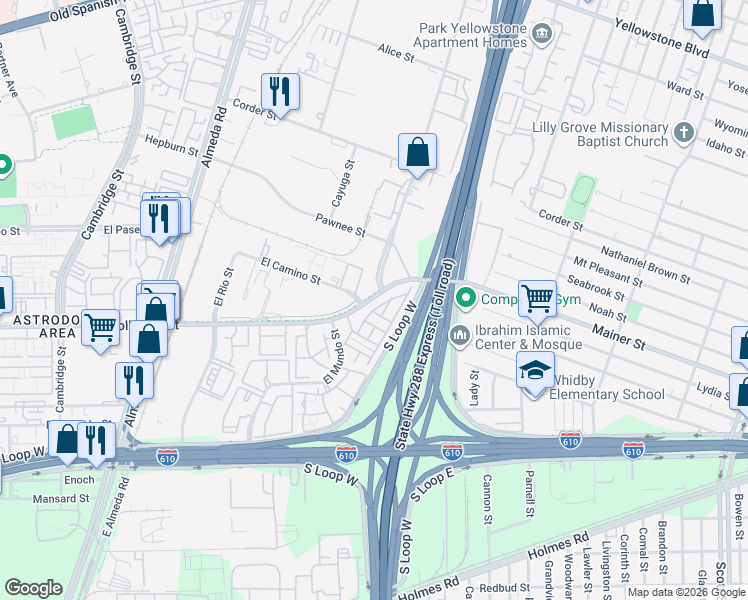 map of restaurants, bars, coffee shops, grocery stores, and more near 3114 Holly Hall Street in Houston