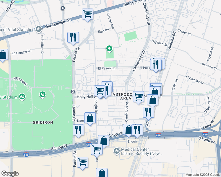 map of restaurants, bars, coffee shops, grocery stores, and more near 2111 Holly Hall Street in Houston