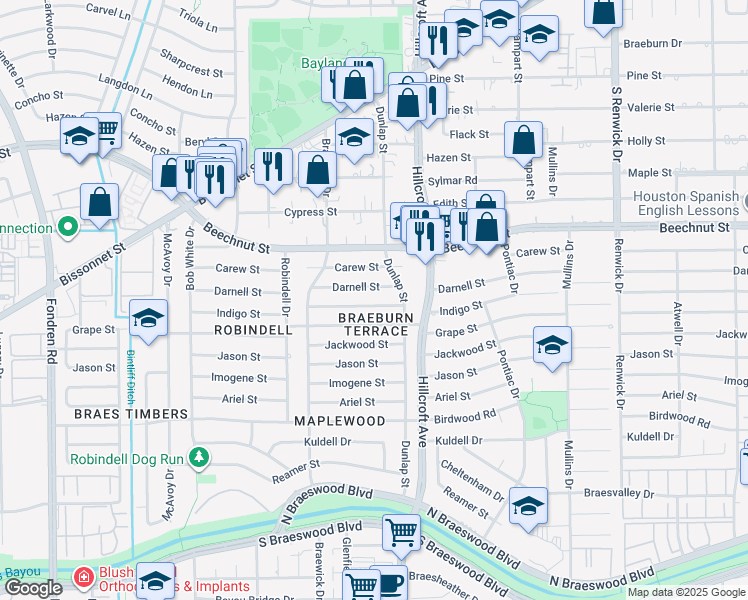 map of restaurants, bars, coffee shops, grocery stores, and more near 5811 Darnell Street in Houston