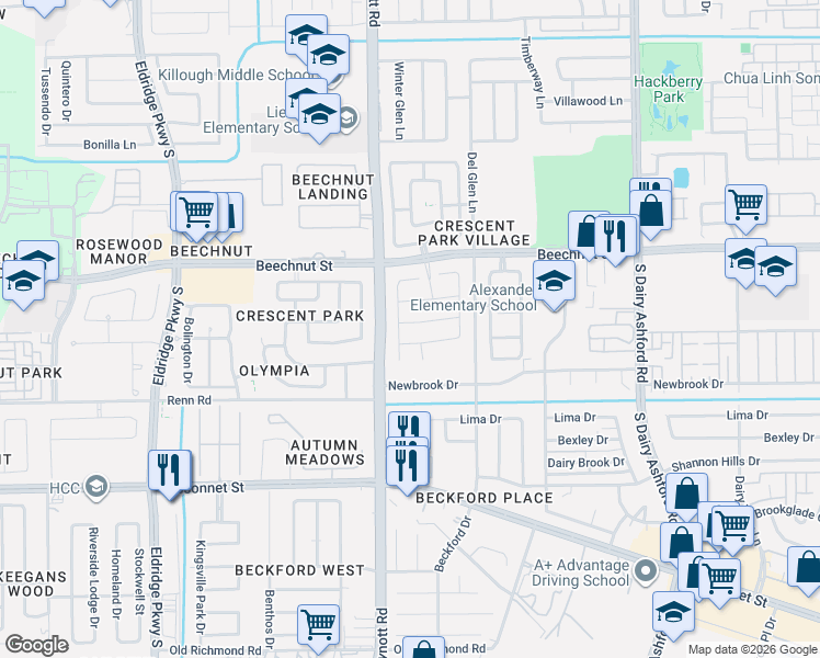 map of restaurants, bars, coffee shops, grocery stores, and more near 13119 Dawn Hollow Lane in Houston