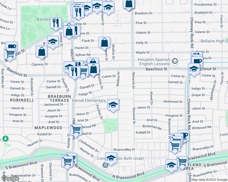 map of restaurants, bars, coffee shops, grocery stores, and more near 5607 Indigo Street in Houston
