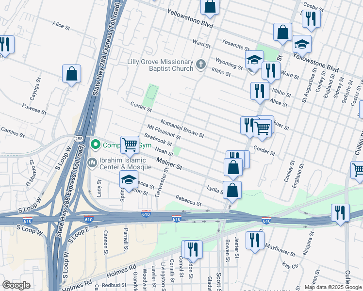 map of restaurants, bars, coffee shops, grocery stores, and more near 3615 Seabrook Street in Houston