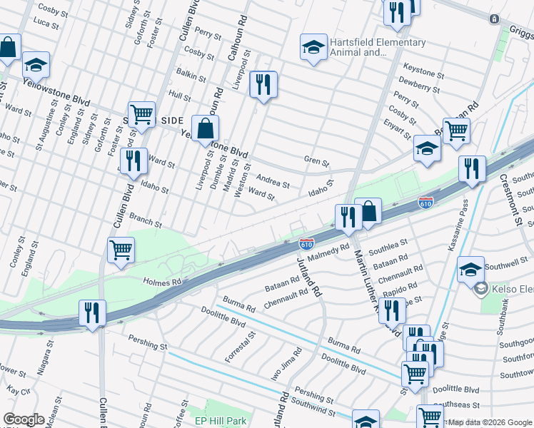 map of restaurants, bars, coffee shops, grocery stores, and more near 5011 Idaho Street in Houston