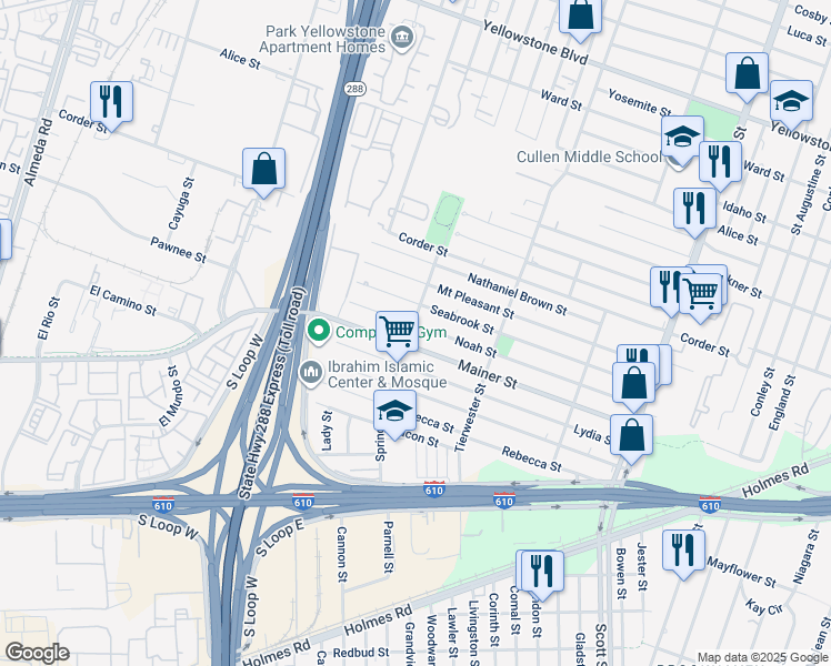 map of restaurants, bars, coffee shops, grocery stores, and more near 7505 Springhill Street in Houston
