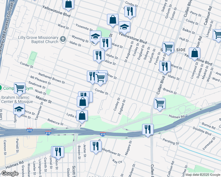 map of restaurants, bars, coffee shops, grocery stores, and more near 4001 Corder Street in Houston