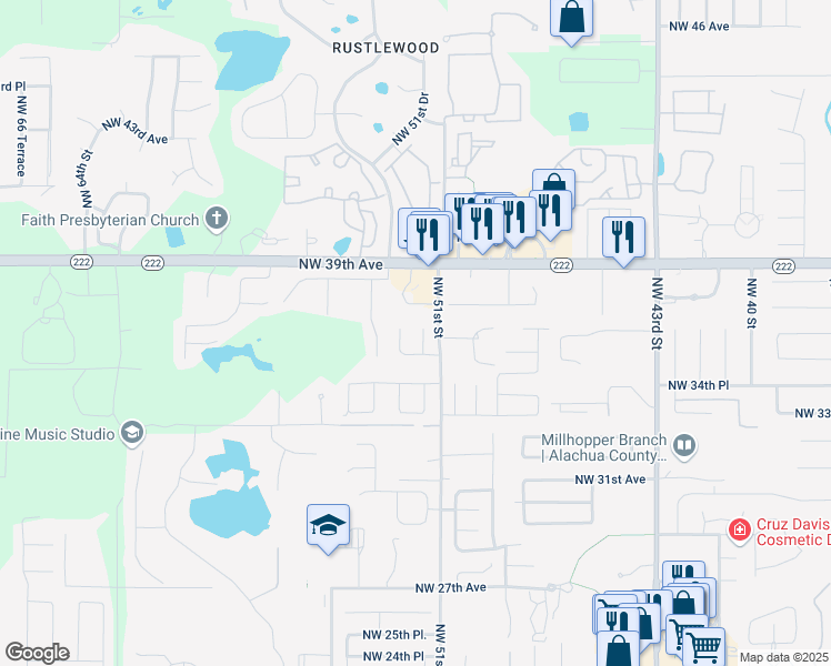 map of restaurants, bars, coffee shops, grocery stores, and more near 3624 Northwest 51st Terrace in Gainesville