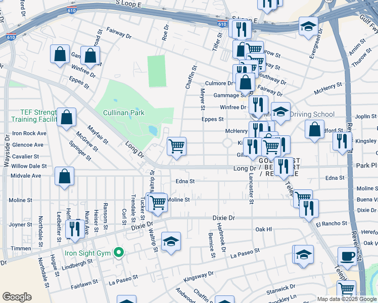map of restaurants, bars, coffee shops, grocery stores, and more near 7017 Gillen Street in Houston
