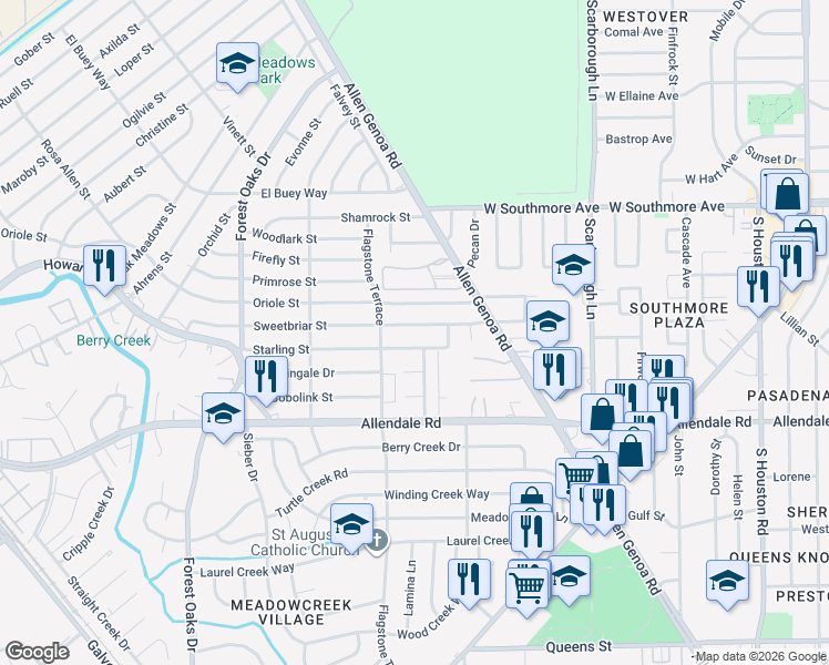 map of restaurants, bars, coffee shops, grocery stores, and more near 5626 Sweetbriar Street in Houston