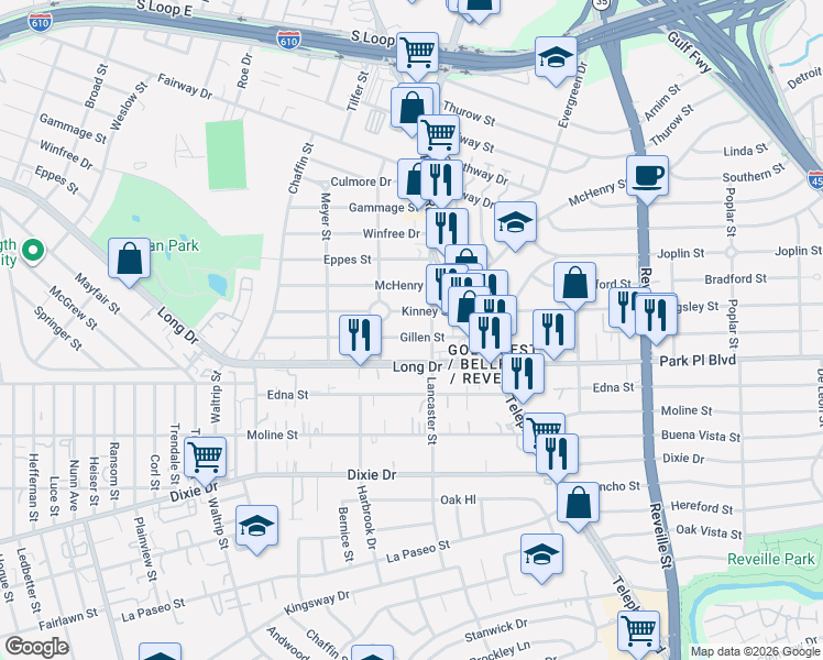 map of restaurants, bars, coffee shops, grocery stores, and more near 7223 Gillen Street in Houston