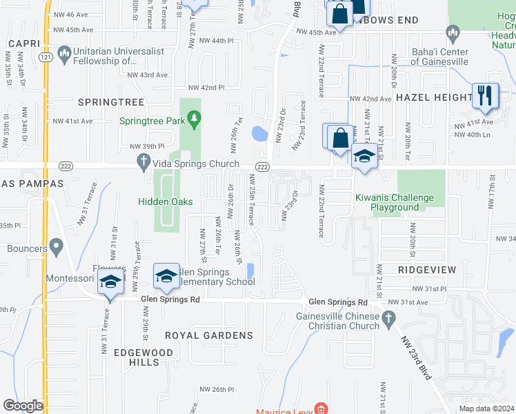 map of restaurants, bars, coffee shops, grocery stores, and more near 2525 Northwest 36th Lane in Gainesville