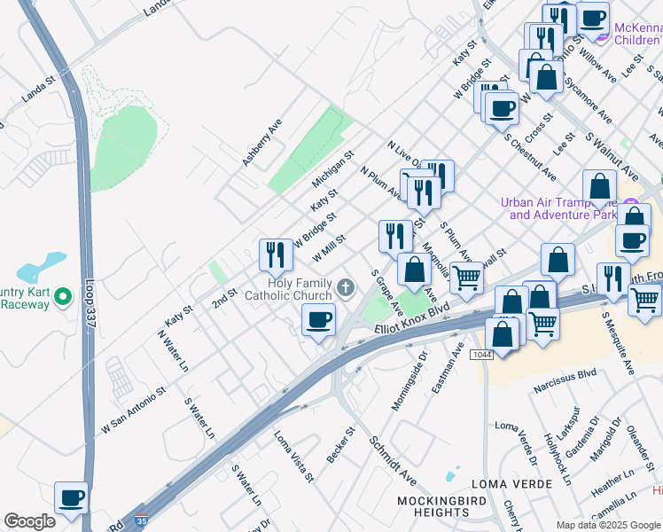 map of restaurants, bars, coffee shops, grocery stores, and more near 2248 West San Antonio Street in New Braunfels
