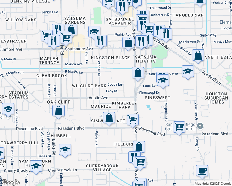 map of restaurants, bars, coffee shops, grocery stores, and more near 2610 Easy Lane in Pasadena