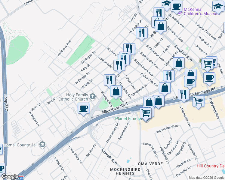 map of restaurants, bars, coffee shops, grocery stores, and more near 2060 Spur Street in New Braunfels