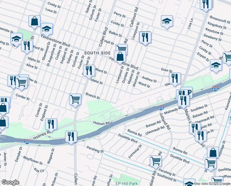 map of restaurants, bars, coffee shops, grocery stores, and more near 6915 Liverpool Street in Houston
