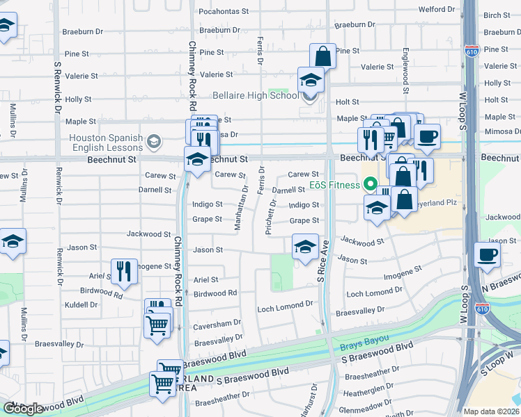 map of restaurants, bars, coffee shops, grocery stores, and more near 8619 Ferris Drive in Houston