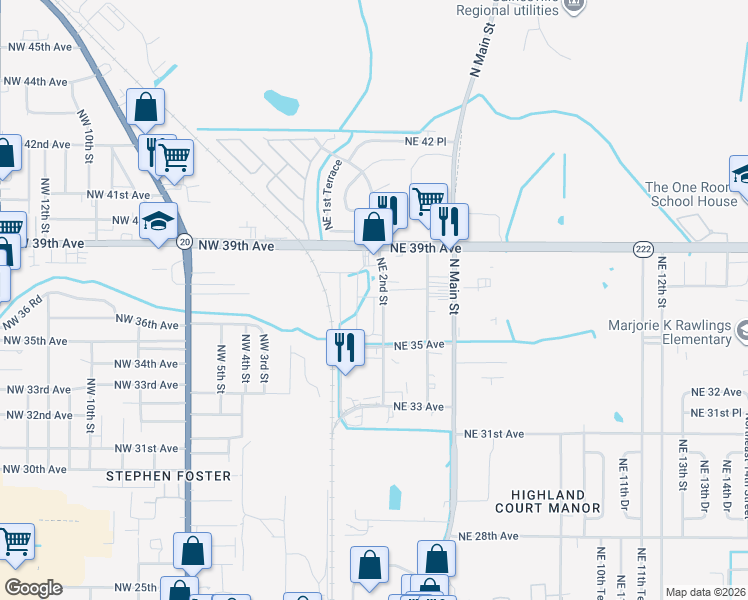 map of restaurants, bars, coffee shops, grocery stores, and more near 3638 Northeast 1st Terrace in Gainesville