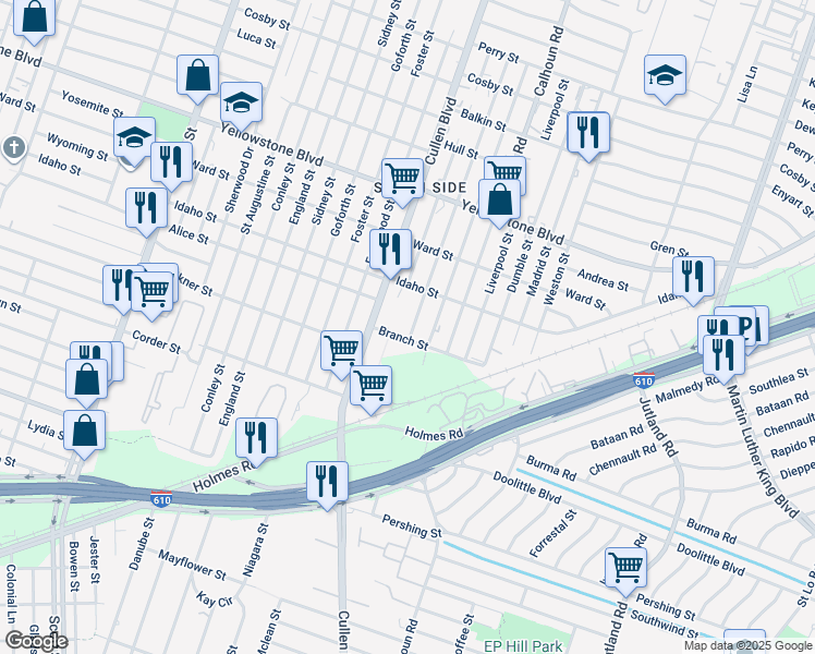 map of restaurants, bars, coffee shops, grocery stores, and more near 6924 New York Street in Houston