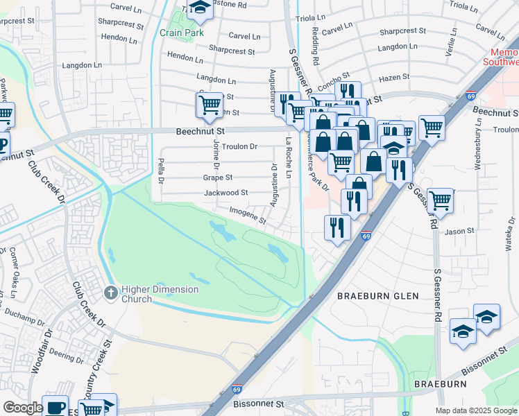 map of restaurants, bars, coffee shops, grocery stores, and more near 9102 Imogene Street in Houston