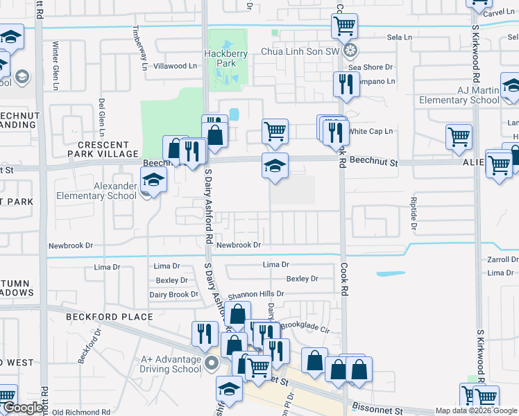 map of restaurants, bars, coffee shops, grocery stores, and more near 12522 Wellington Park Drive in Houston