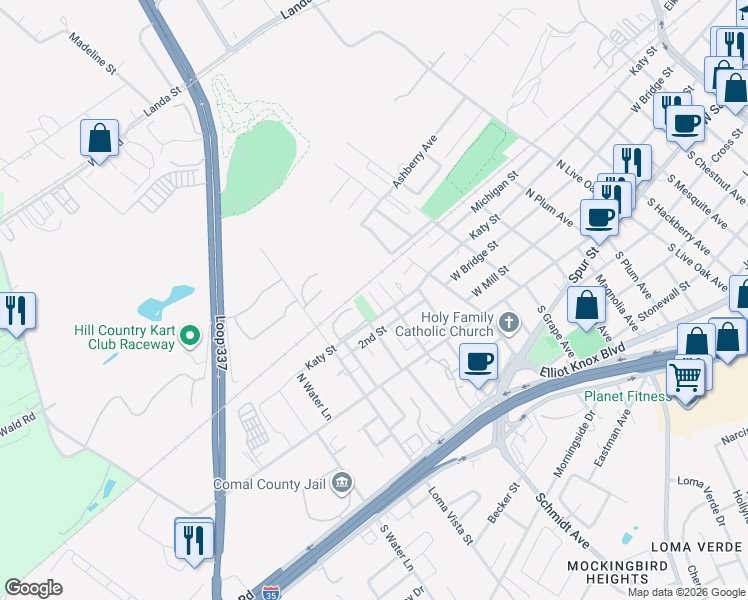 map of restaurants, bars, coffee shops, grocery stores, and more near 467 Bergfeld Avenue in New Braunfels