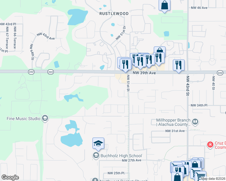 map of restaurants, bars, coffee shops, grocery stores, and more near 3613 Northwest 53rd Terrace in Gainesville