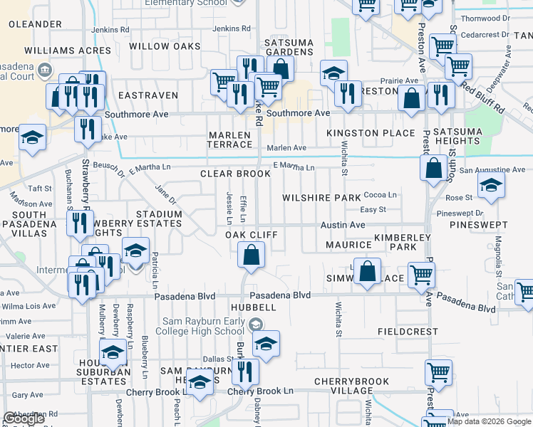 map of restaurants, bars, coffee shops, grocery stores, and more near 1802 Ruella Ln in Pasadena