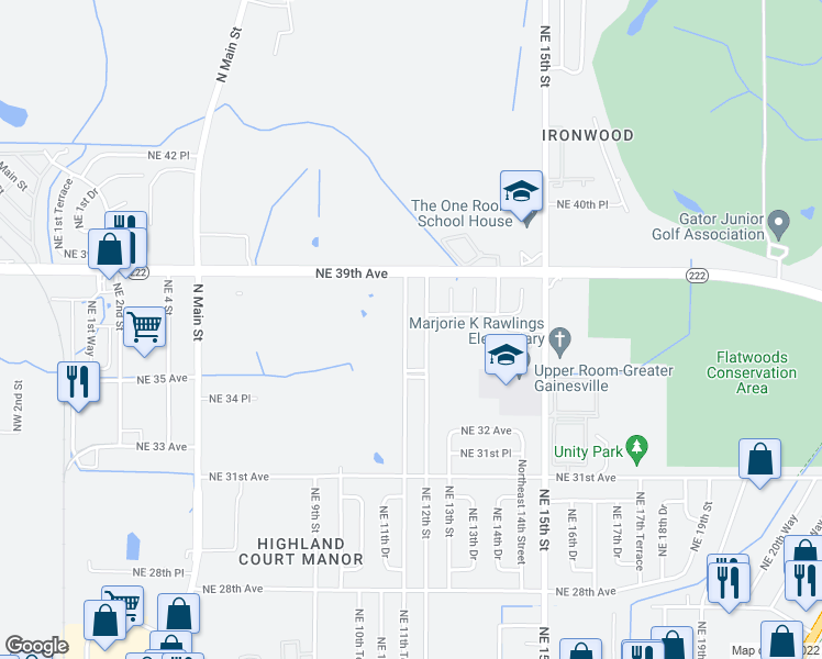 map of restaurants, bars, coffee shops, grocery stores, and more near 3627 Northeast 11th Terrace in Gainesville